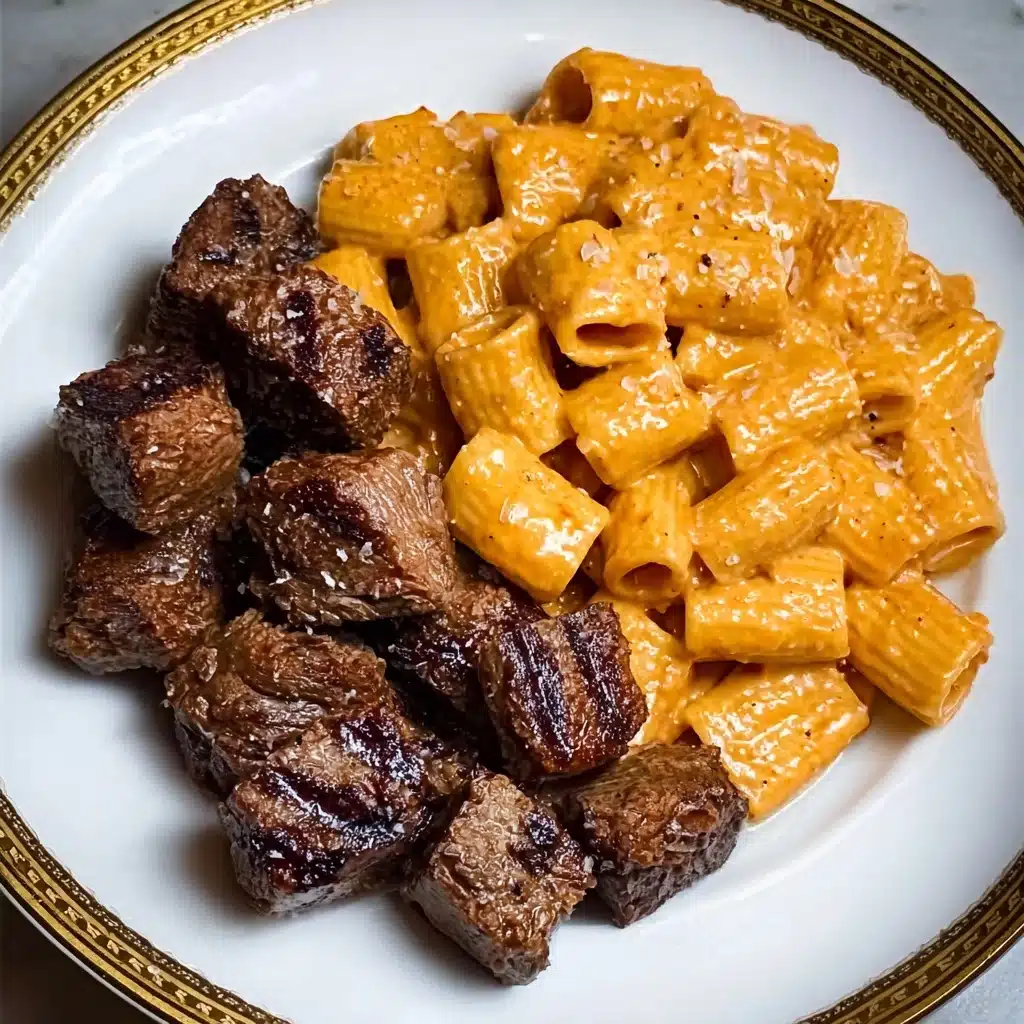 Cajun Steak Tips in Cheesy Rigatoni Parmesan Sauce Recipe - Recipe Image