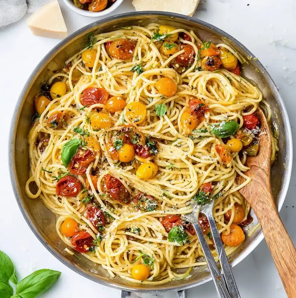 Roasted Garlic Tomato Spaghettini with Garlic Parmesan Bread Crumbs