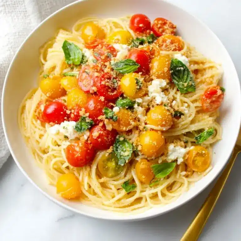 Roasted Garlic Tomato Spaghettini with Garlic Parmesan Bread Crumbs