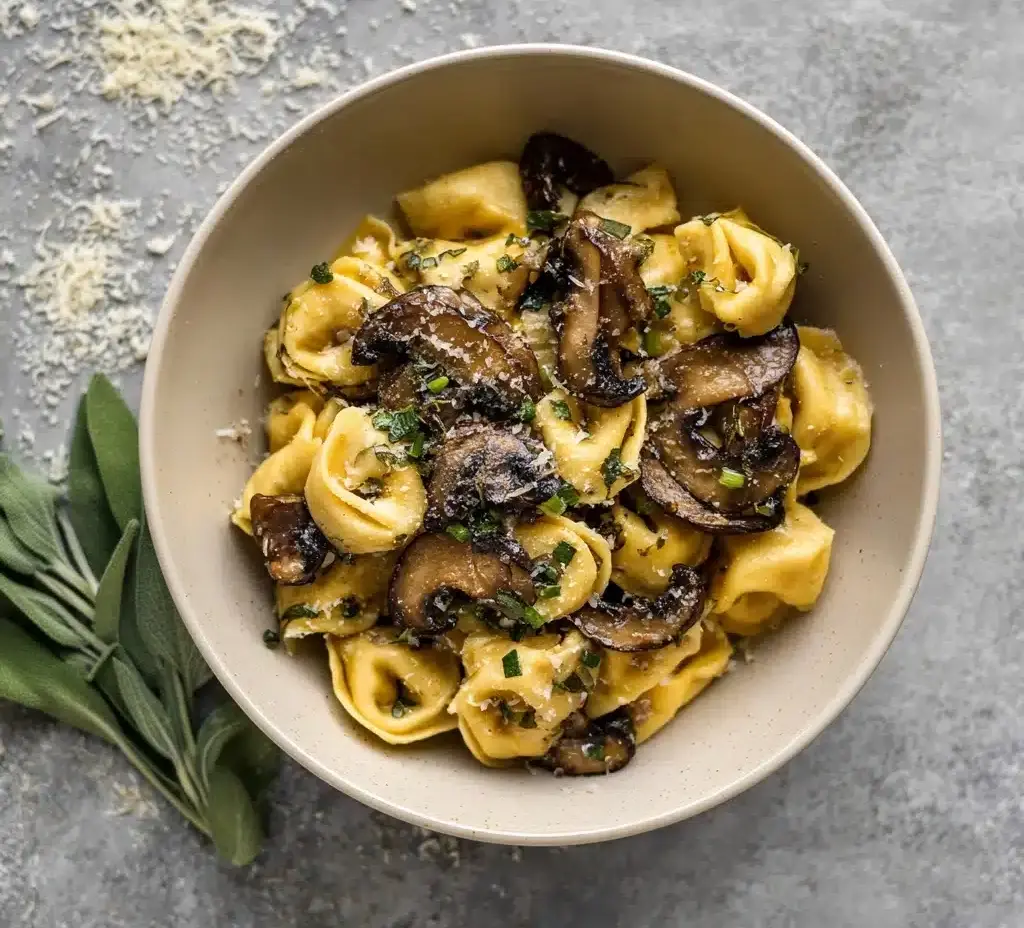 Cheese Tortellini with Butter, Mushrooms, and Crispy Sage Recipe