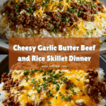 Garlic Butter Beef and Rice Skillet with Cheddar Parmesan Sauce