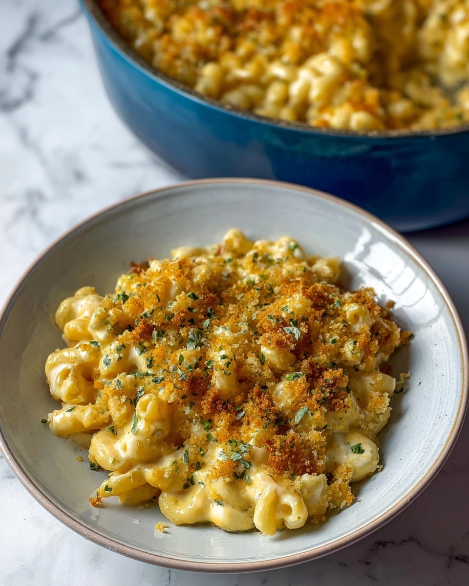 A close-up of creamy macaroni and cheese served in a white bowl with a subtle blue rim, showing three main layers: the soft, yellowish pasta coated in a rich, smooth cheese sauce forms the base; scattered on top is a golden brown, crispy breadcrumb layer adding texture; green herb flakes are sprinkled over the dish, adding small pops of color. The bowl sits on a white marbled surface, with a larger blue pot filled with more macaroni and cheese blurred in the background. The lighting highlights the cheesy shine and the crumbly topping, making the dish look warm and comforting. photo taken with an iphone --ar 4:5 --v 7