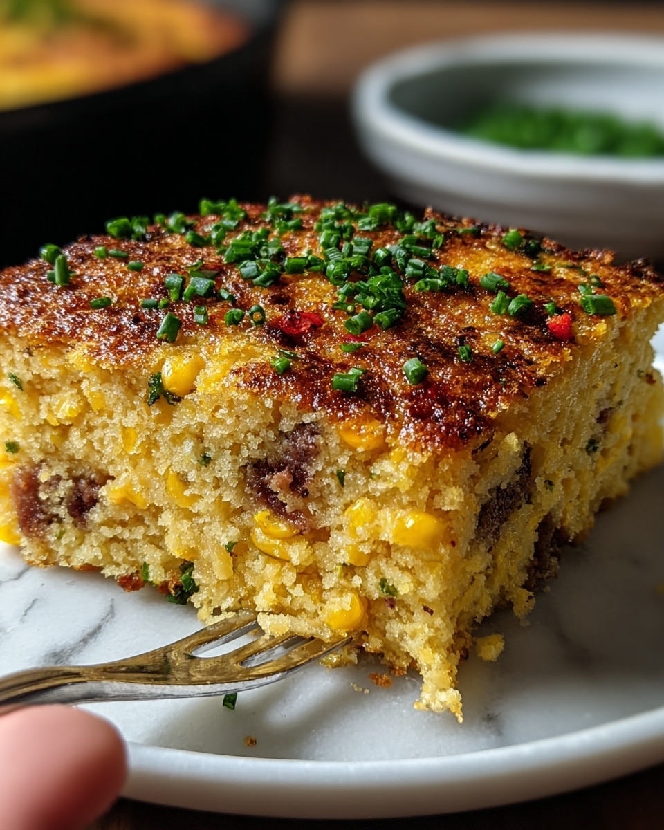 A close-up of a thick square piece of corn pudding with a golden-brown crispy top layer sprinkled with finely chopped green herbs. Below the top, the inside is creamy with visible yellow corn kernels and small chunks of reddish meat spread throughout. The texture inside looks soft and moist, contrasting with the crunchy top. The dish is placed on a white plate set on a white marbled surface. Photo taken with an iphone --ar 4:5 --v 7