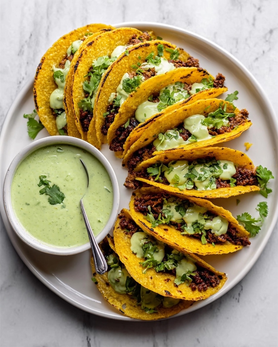 A close-up image shows a woman's hand holding a crispy taco with a golden-brown shell filled with a mix of browned ground meat and black beans. The taco is being dipped into a small white bowl of creamy green sauce with visible herb specks. The bowl sits on a white plate that holds more tacos filled similarly, placed on a white marbled surface with a few scattered green herb leaves around. The image highlights the textures of the crispy shell, the soft filling, and the smooth sauce. photo taken with an iphone --ar 4:5 --v 7