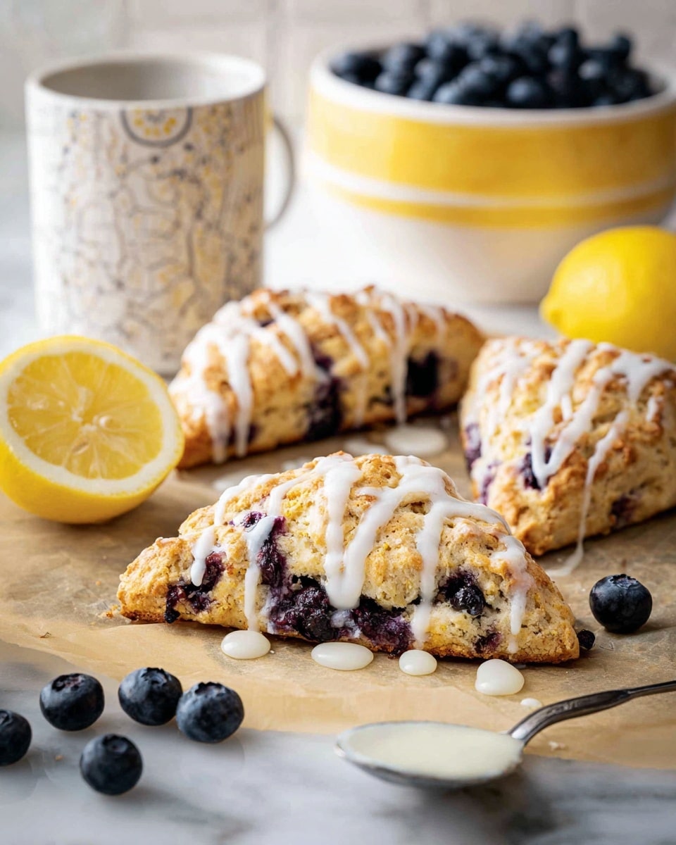 The image shows three golden-brown triangular scones on parchment paper, each filled with dark purple blueberries peeking through the textured crust. The scones are drizzled with white icing that adds a glossy contrast and drips slightly onto the paper. In the foreground, a few loose blueberries and half a lemon with bright yellow skin and pale juicy flesh are scattered next to a silver spoon holding some white icing. In the background, a white bowl full of blueberries and a large yellow mixing bowl with a white pattern sit on a white marbled surface, softly blurred to keep focus on the scones. photo taken with an iphone --ar 4:5 --v 7