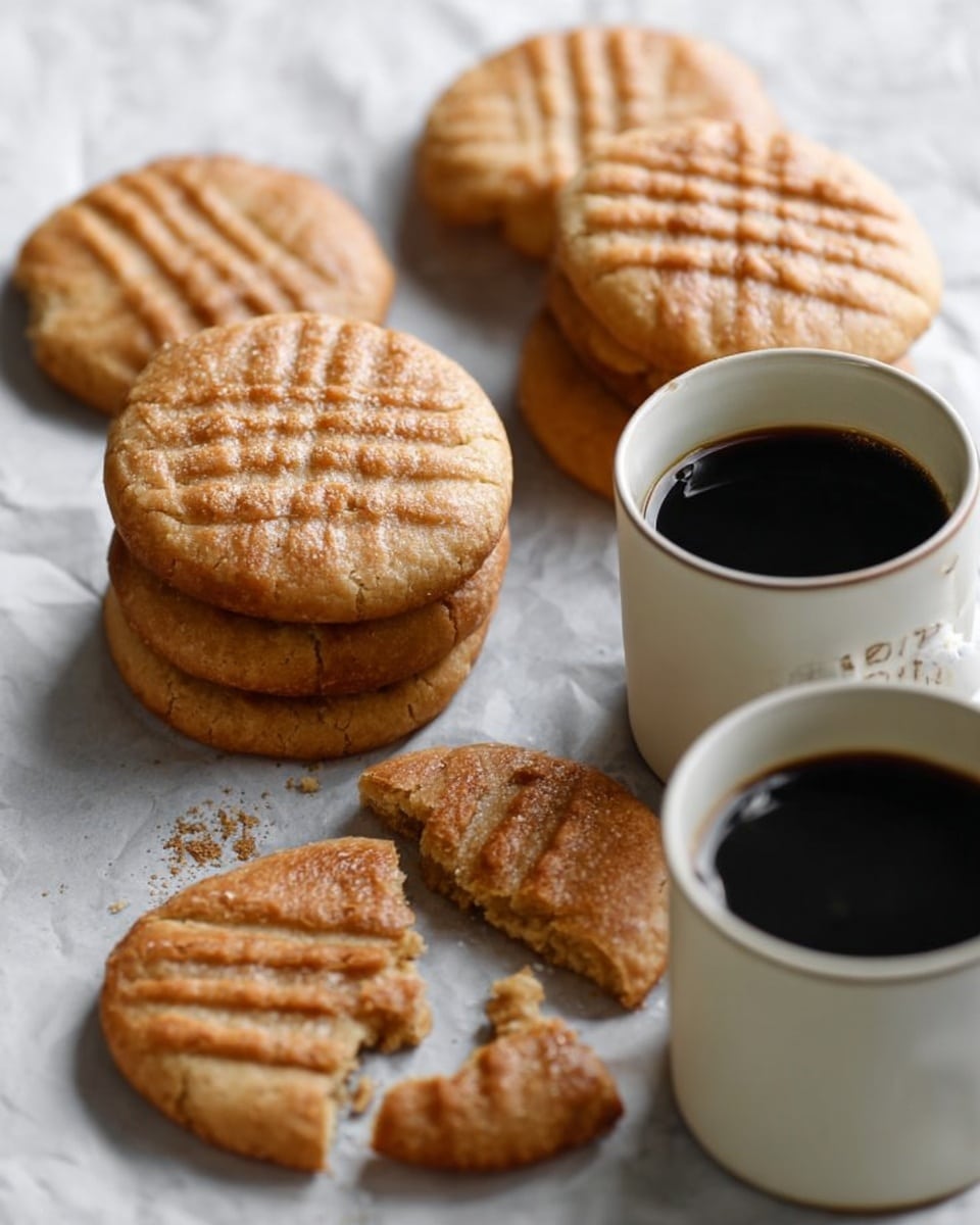 The image shows a group of twelve round cookies placed on a metal cooling rack over parchment paper with a white marbled texture below. Each cookie is golden brown with a shiny surface and has a cross-hatch pattern made of four pairs of parallel lines slightly pressed into the top. The cookies have a smooth, slightly raised edge, and their texture looks soft but firm. The lighting highlights their warm color and subtle surface sheen. photo taken with an iphone --ar 4:5 --v 7