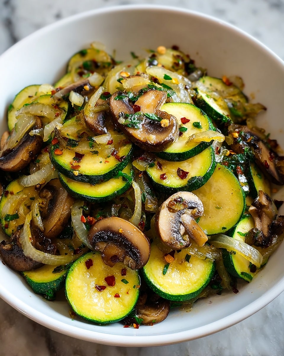 A white bowl filled with sautéed vegetables mainly showing three layers: the bottom layer is bright green zucchini slices with their light yellow centers, the middle layer shows translucent sautéed onion strips with a golden tint, and the top layer has browned mushroom slices scattered across. Small specks of red chili flakes and chopped green herbs are mixed throughout, adding texture and color contrast. The bowl sits on a white marbled surface with soft natural light enhancing the shine and slight caramelization on the vegetables. Photo taken with an iphone --ar 4:5 --v 7