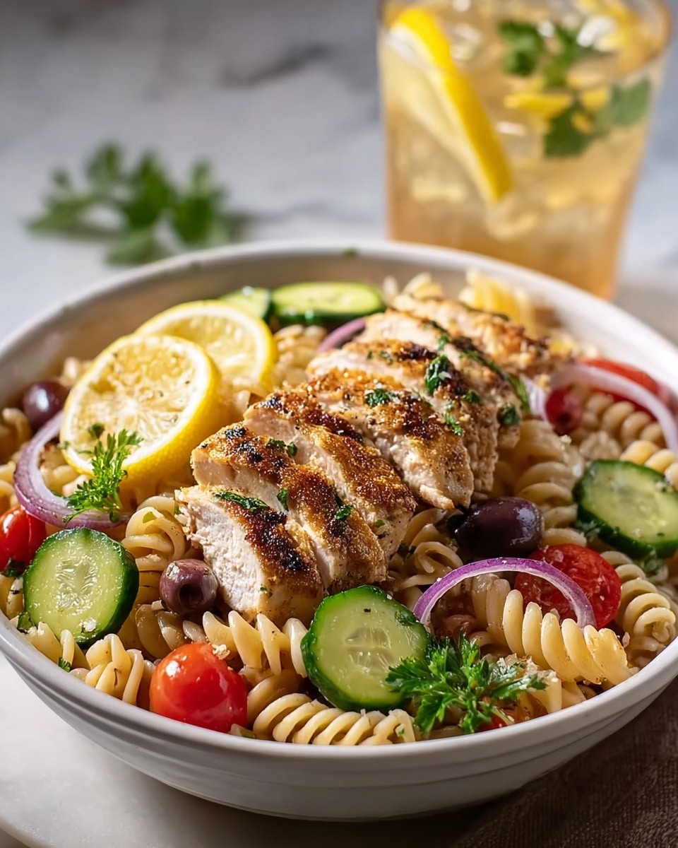 A white bowl holds a pasta salad with three thick grilled chicken slices placed on top. The pasta is spiral-shaped and light beige, mixed with sliced green cucumbers, halved red cherry tomatoes, purple olives, and thin rings of red onion. On the side of the chicken, two lemon slices and a sprig of green parsley add color. The food sits on a white marbled surface, and a glass of iced drink with lemon slices is blurred in the background. Photo taken with an iphone --ar 4:5 --v 7