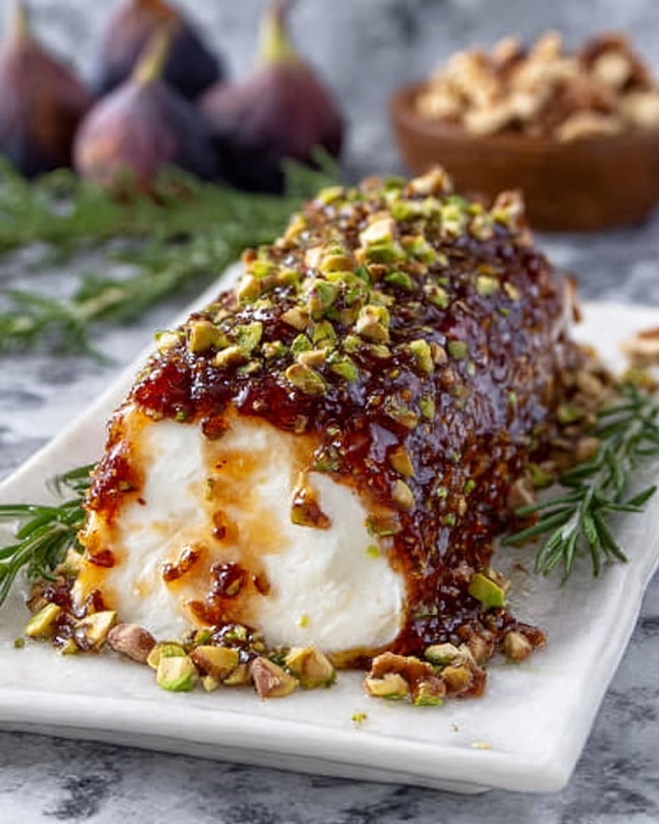 The image shows a close-up of soft, white cheese logs cut into round slices arranged in a row on a white rectangular plate placed on a white marbled surface. Each slice has a thick, glossy amber syrup poured generously on top, dripping down the sides, and mixed with small green pistachio pieces and tiny specks of spices, creating a textured top layer. More syrup pools around the base of the slices. The scene exudes a rich, sweet, and nutty feeling with a mix of smooth and crunchy textures. Photo taken with an iphone --ar 4:5 --v 7