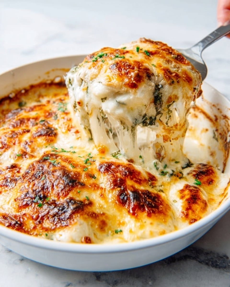 The image shows a thick slice of creamy lasagna on a white plate, placed on a white marbled surface. The bottom layer is a smooth, bright green spinach mix with creamy texture. Above it, there is a thick layer of soft, shredded chicken in white sauce, which looks rich and moist. The top layer is covered with melted, golden brown cheese with a bubbly, slightly crispy texture, sprinkled with finely chopped green herbs. A woman's hand is holding the edge of the plate lightly. photo taken with an iphone --ar 4:5 --v 7