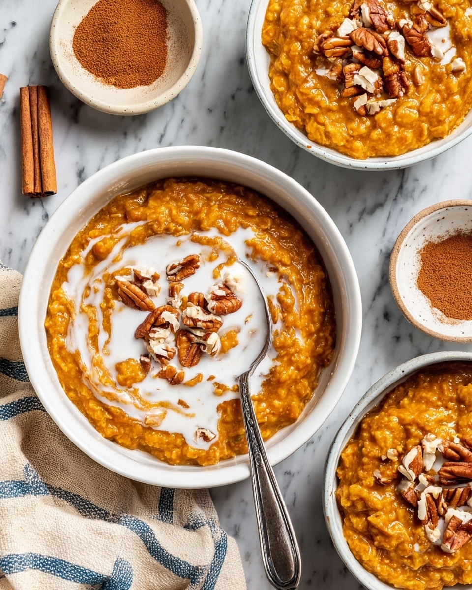 The image shows bowls of thick pumpkin oatmeal with a rich orange-brown color, topped with a swirl of white cream or milk and scattered pieces of pecans on top. Each bowl is white, filled almost to the brim with the oatmeal, which has a chunky texture. A silver spoon rests inside the central bowl. Around the bowls, there are small white dishes filled with cinnamon powder, all placed on a white marbled surface. A beige cloth with blue stripes is partially visible near the bottom left corner. photo taken with an iphone --ar 4:5 --v 7