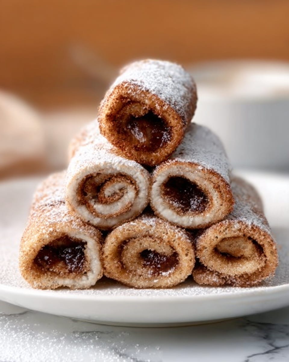 The image shows six golden-brown rolled pastries stacked in two layers on a white plate, with three rolls on the bottom and three on top. Each pastry has a visible cinnamon filling inside and is dusted with powdered sugar, giving a soft white contrast to the warm brown color. The plate sits on a white marbled surface, with cinnamon sticks and star anise scattered around, adding to the cozy feel. In the background, a black bowl filled with white cream is softly blurred. Photo taken with an iphone --ar 4:5 --v 7