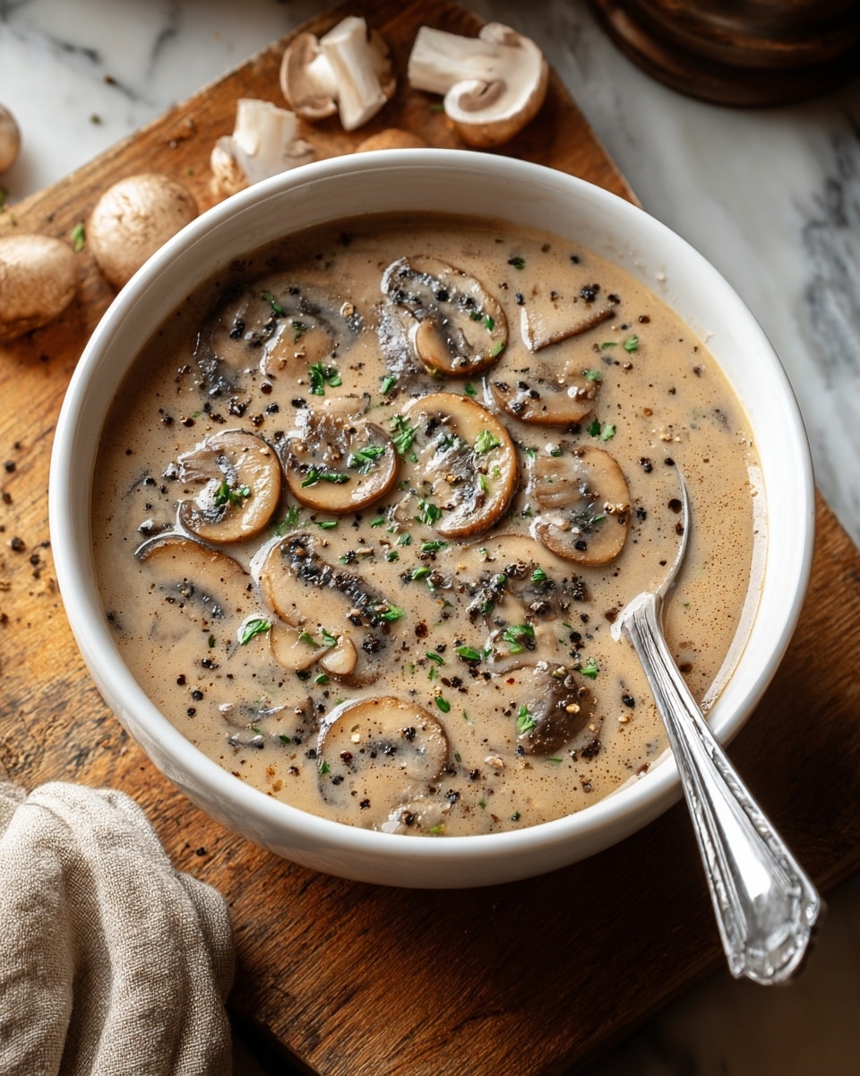 A close-up of a white bowl filled with creamy mushroom soup, showing many slices of light brown mushrooms with dark edges floating in a smooth, beige liquid. The soup is topped with a sprinkle of finely chopped green herbs and cracked black pepper, adding small green and black dots on the surface. A silver spoon rests inside the bowl on the right side. The bowl sits on a wooden board with some mushrooms and a beige cloth nearby, all on a white marbled surface. photo taken with an iphone --ar 4:5 --v 7