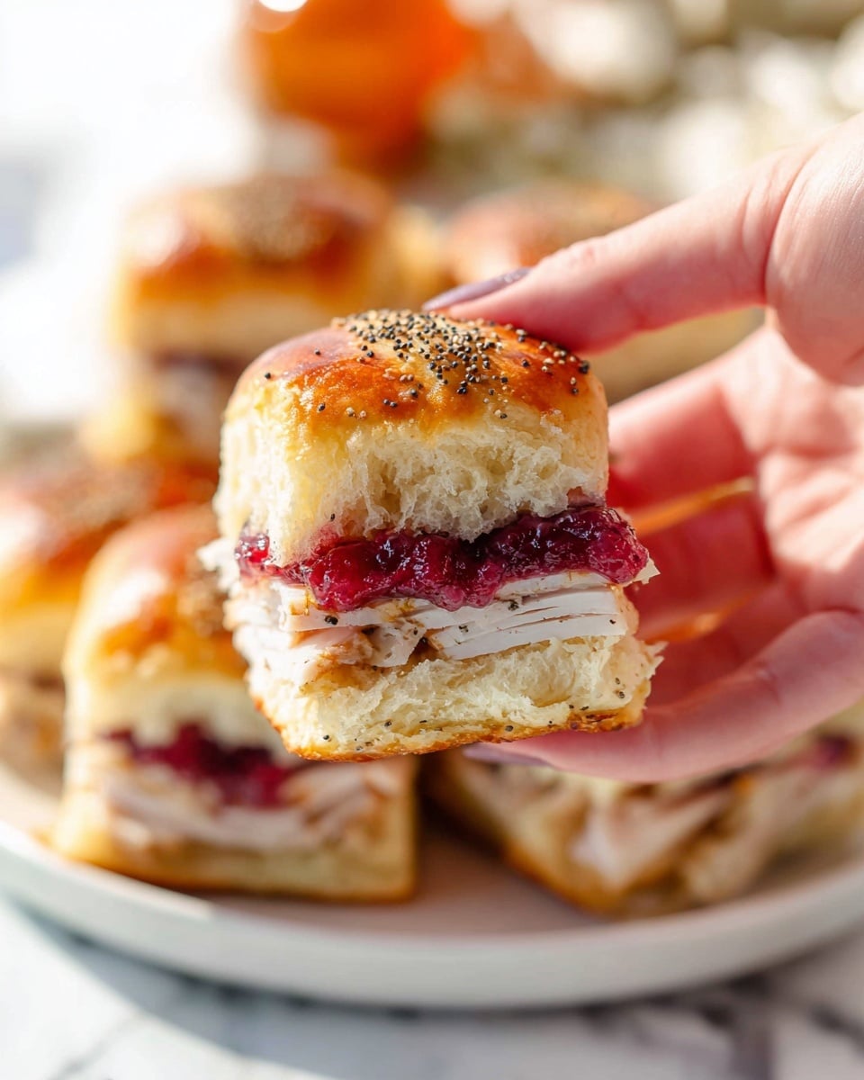 A close-up of a small sandwich held by a woman's hand shows three distinct layers inside: the top layer is a golden brown soft bun with poppy seeds and a slightly glossy texture; the middle layer is thin, white slices of turkey or chicken meat; just above the meat is a layer of bright red cranberry sauce with a glossy, slightly chunky texture; the bottom layer is the soft golden brown bun matching the top, also sprinkled with poppy seeds. In the background, several more sandwiches sit stacked on a white plate with a white marbled surface beneath. The lighting is bright and natural, highlighting the sandwich’s textures. photo taken with an iphone --ar 4:5 --v 7