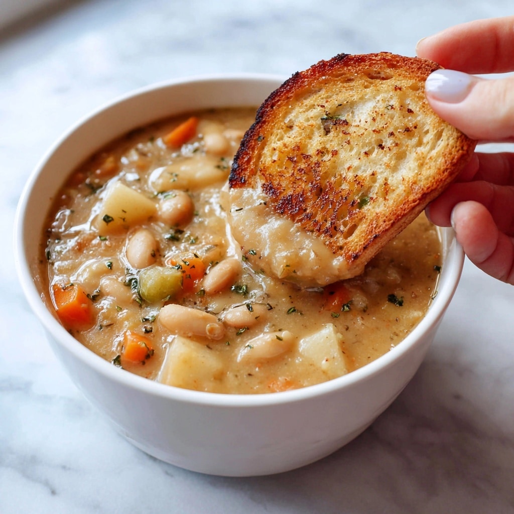 A white bowl filled with thick, creamy bean soup showing large white beans, small pieces of orange carrot, and bits of green celery in the light beige broth. The soup is topped with small green herb pieces, black pepper, and droplets of golden olive oil. Around the bowl are toasted slices of bread with a golden crust placed on a white marbled surface. To the side, there is a silver spoon and some fresh thyme sprigs. The whole scene is bright and clean with soft natural light. Photo taken with an iphone --ar 4:5 --v 7