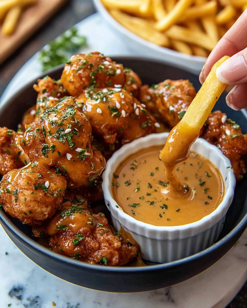A close-up image of a dark bowl filled with crispy fried chicken pieces coated in a shiny, spicy orange sauce sprinkled with green herbs. Inside the bowl, near the chicken, is a small white cup filled with a smooth, creamy, orange-brown dipping sauce. A woman's hand is dipping a long, golden-brown French fry into the sauce. The background features a white marbled surface with scattered green herbs and a blurred round white plate full of more French fries. photo taken with an iphone --ar 4:5 --v 7