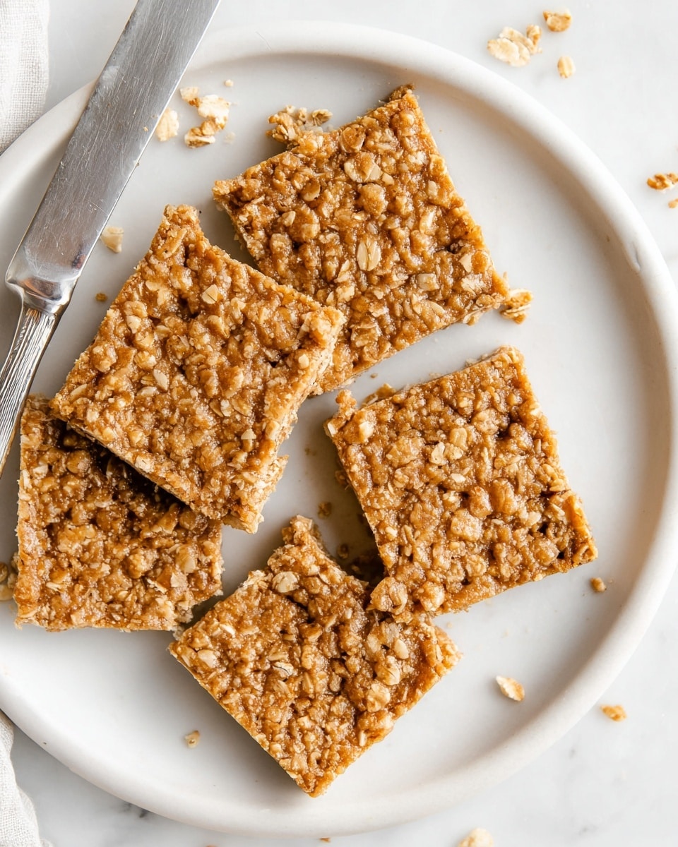 Five square oat bars with a rough texture and light brown color are placed unevenly on a white plate. The bars show visible bits of oats throughout, giving them a chewy, dense look. A silver knife lies diagonally on the plate, partially resting on the bars. The plate is set on a white marbled surface, and a few small crumbs are scattered around the bars. Photo taken with an iphone --ar 4:5 --v 7