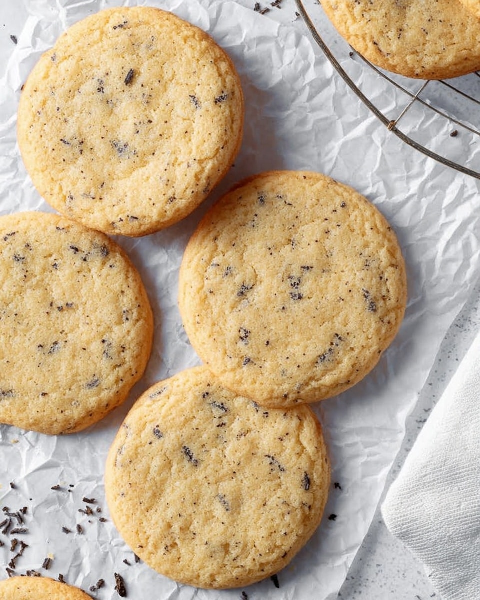 The image shows four light golden brown cookies with a soft texture and small dark specks evenly spread throughout. Three cookies are lying on a piece of white parchment paper on a wooden board, with one cookie partially eaten showing a soft inside. The fourth cookie is cooling on a white plate cooling rack in the upper part of the image. The cookies are thick and have slight cracks on the surface, with a few crumbs around them. The background is a white marbled texture. Photo taken with an iphone --ar 4:5 --v 7