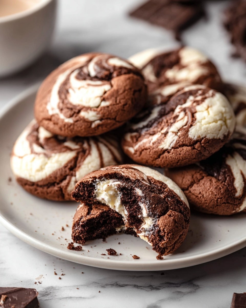 A white bowl filled with thick, rich chocolate batter being mixed together with swirls of light, creamy white batter throughout, creating a marbled effect. A wooden spatula is partly dipped into the mixture, showing the dense texture of both batters, with smears on the bowl's sides. The bowl sits on a white marbled surface. photo taken with an iphone --ar 4:5 --v 7