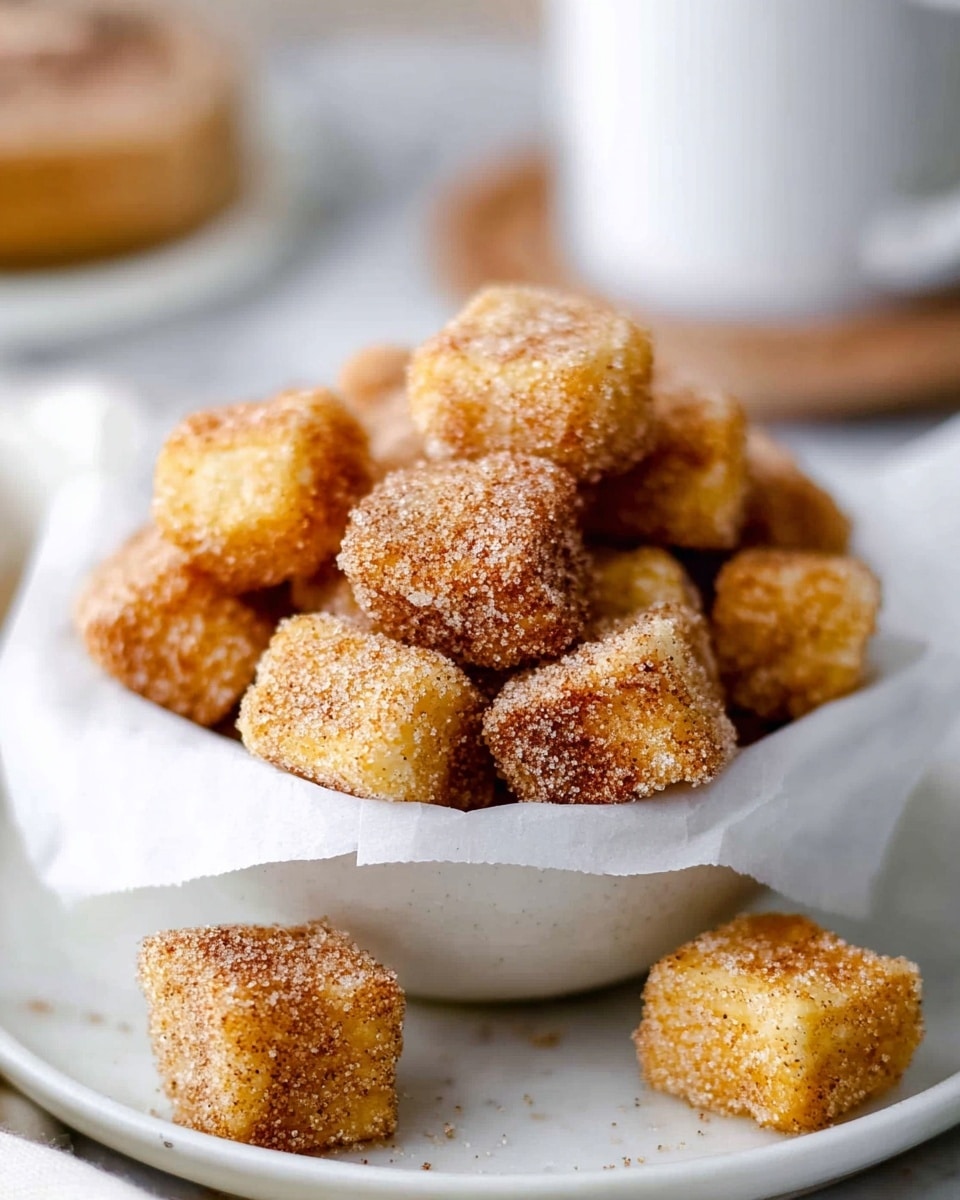 A white plate is filled with a pyramid of small golden-brown fried bread cubes that have a crispy texture and are sprinkled with cinnamon sugar. Each cube is generously coated with a creamy white sauce that drips down the sides, giving a glossy, rich appearance. The cubes are stacked tightly, showing varied edges and some open soft bread inside. The background is softly blurred and the surface beneath the plate has a white marbled texture. photo taken with an iphone --ar 4:5 --v 7