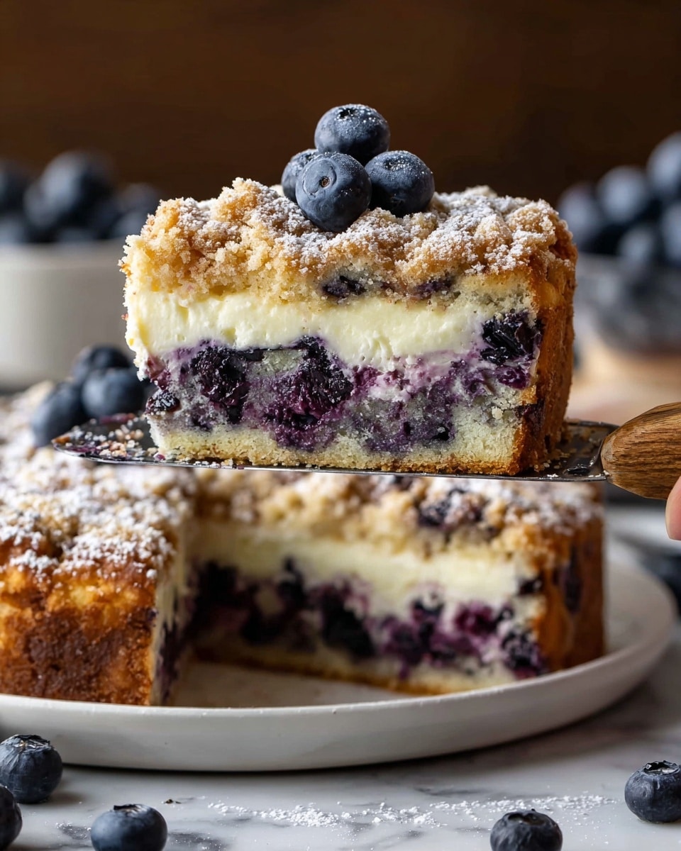 A slice of blueberry crumb cake sits on a white plate with three fresh blueberries beside it. The cake has about three visible layers: a pale, moist cake base dotted with dark blue blueberries, a thick middle layer full of cooked blueberries blending into the cake, and a golden-brown crumb topping dusted with powdered sugar. On top of the crumb topping are a few fresh blueberries. A woman's hand holding a fork is breaking into the slice, lifting a piece of the crumb topping and cake. The scene is on a wooden surface with a blurred second piece of cake and a white bowl full of blueberries in the background. Photo taken with an iphone --ar 4:5 --v 7