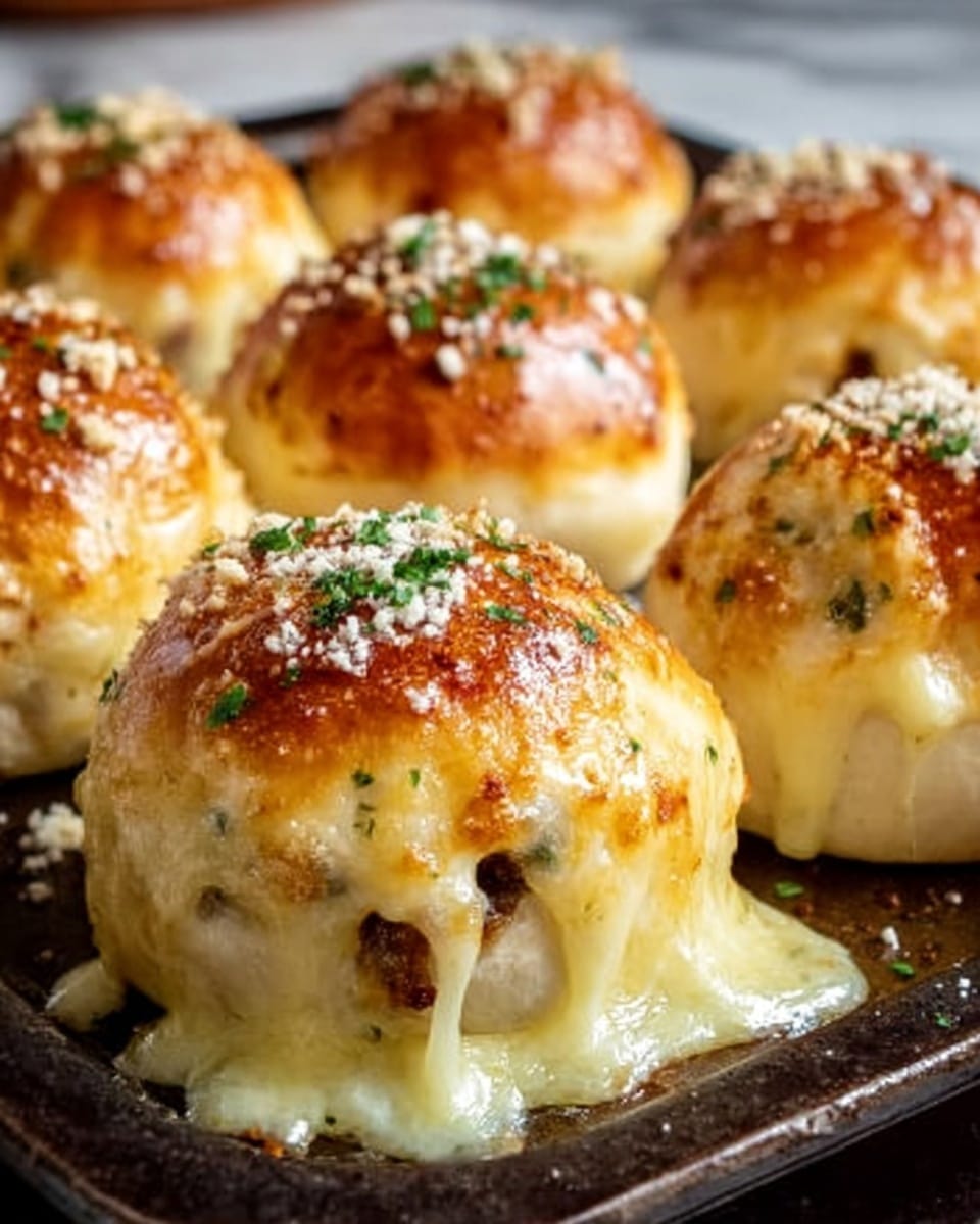 The image shows seven round meatballs on a dark baking tray with melted cheese on top of each. The meatballs are golden brown with a slightly crispy texture and are covered in a warm layer of melted white and yellow cheese. Small green parsley leaves are sprinkled over the cheese and the tray, adding a fresh contrast. The tray has some shiny spots from the melted cheese and juices, giving a glossy texture around the meatballs. The background is a white marbled texture. Photo taken with an iphone --ar 4:5 --v 7