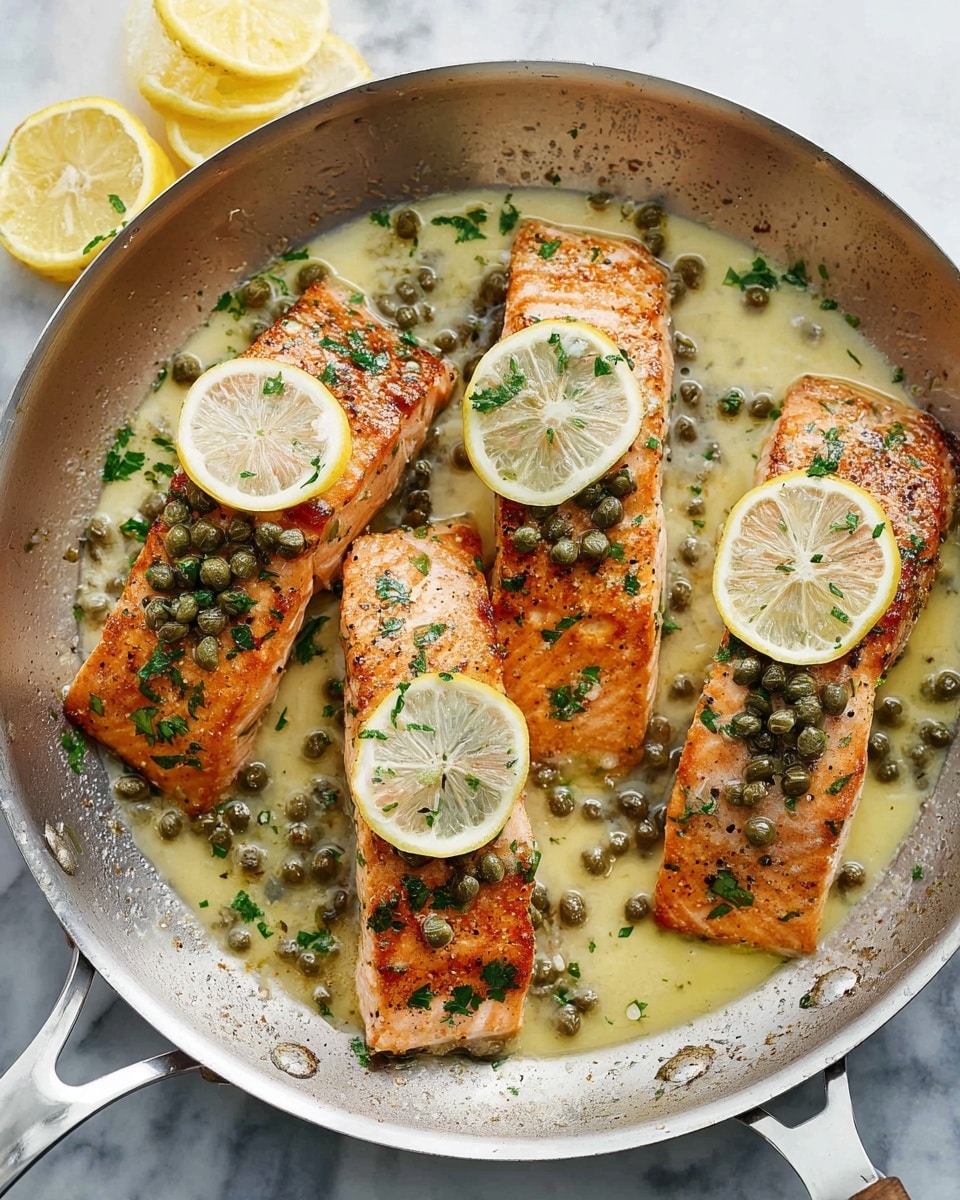 A white oval plate holds four rectangular pieces of cooked salmon, each with a light orange-pink color and slightly browned edges. The salmon is covered with chopped green herbs and small, dark green capers. They rest in a light yellow sauce with a smooth texture that spreads across the plate. A silver fork is breaking apart the salmon piece closest to the front right, showing a soft and flaky inside. In the background, there is a wooden bowl with lemon wedges placed on a white marbled surface. photo taken with an iphone --ar 4:5 --v 7