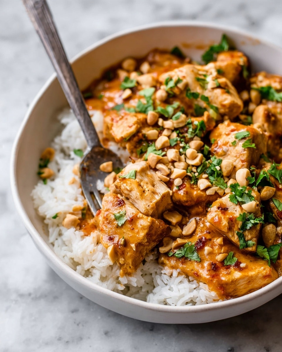A white bowl filled with a base layer of white cooked rice, topped with pieces of brown cooked chicken covered in a smooth, thick, orange-brown sauce with visible small chunks. There are light brown chopped peanuts and green chopped cilantro scattered over the chicken and sauce, adding texture and color contrast. A silver fork rests in the bowl, lifting a piece of chicken. The bowl is placed on a white marbled surface. photo taken with an iphone --ar 4:5 --v 7