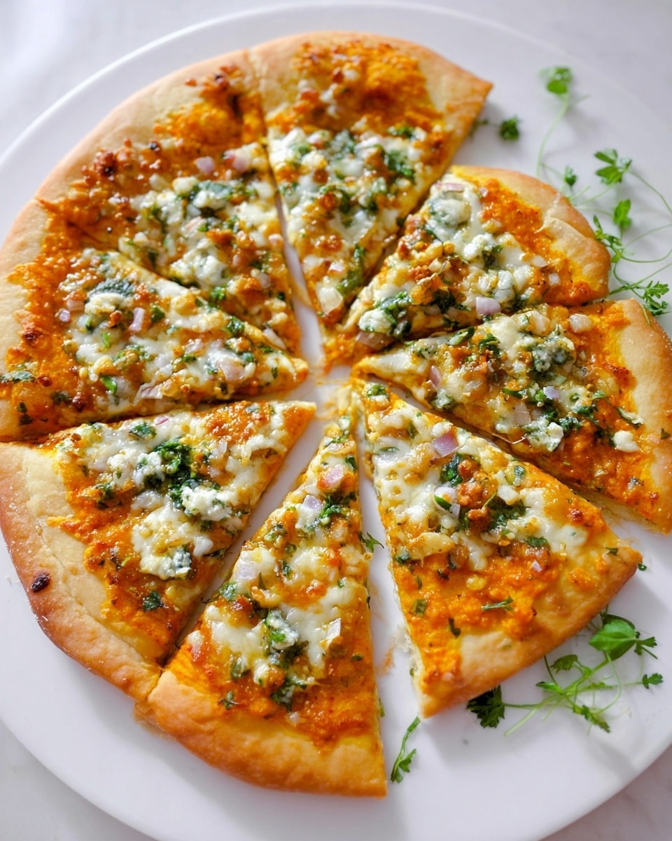 A sliced pizza with a light golden crust on the edges sits on white parchment paper, placed on a white marbled surface. The pizza has one visible layer of tomato sauce that looks orange-red, topped with melted white cheese that is bubbly and slightly browned in places. Scattered over the cheese are chopped green leafy herbs and some cooked diced onions, adding texture and bits of green and translucent white color. Around the pizza, some fresh green arugula leaves are laid on the surface. One slice is pulled out from the whole pizza, creating a gap in the circle, showing the gooey cheese stretching slightly between the slices. Photo taken with an iphone --ar 4:5 --v 7