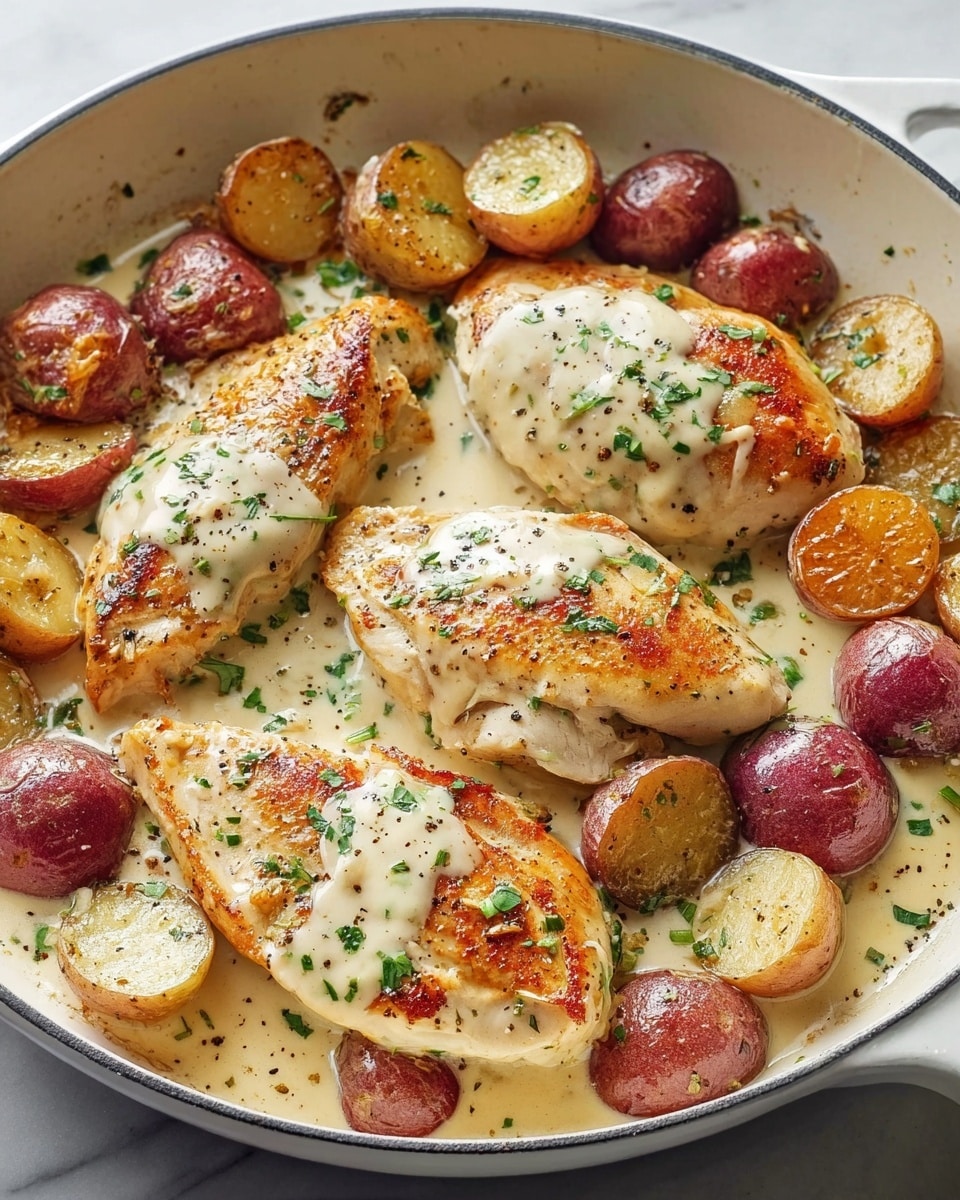 The image shows a white plate with a thin black rim holding a piece of cooked chicken breast covered with a light sauce and sprinkled with green herbs. Next to the chicken, there is a pile of small cooked red potatoes, some cut in half, with a golden brown, slightly crispy texture. A silver fork is placed on the left edge of the plate. The plate sits on a white marbled surface. photo taken with an iphone --ar 4:5 --v 7