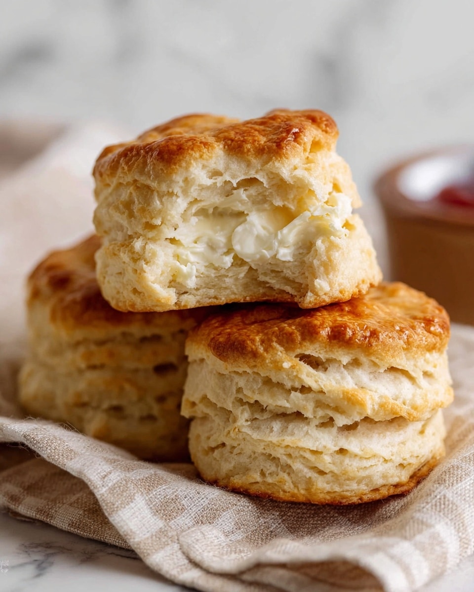 A white bowl lined with a soft light brown cloth holds nine golden brown biscuits with a rough, crumbly texture. One biscuit is split open at the top center, showing a pale yellow melting butter layer inside with the biscuit’s soft, crumbly interior visible around it. The biscuits are round with an uneven, homemade look, slightly browned and crispy on the outside. The bowl sits on a white marbled surface. photo taken with an iphone --ar 4:5 --v 7