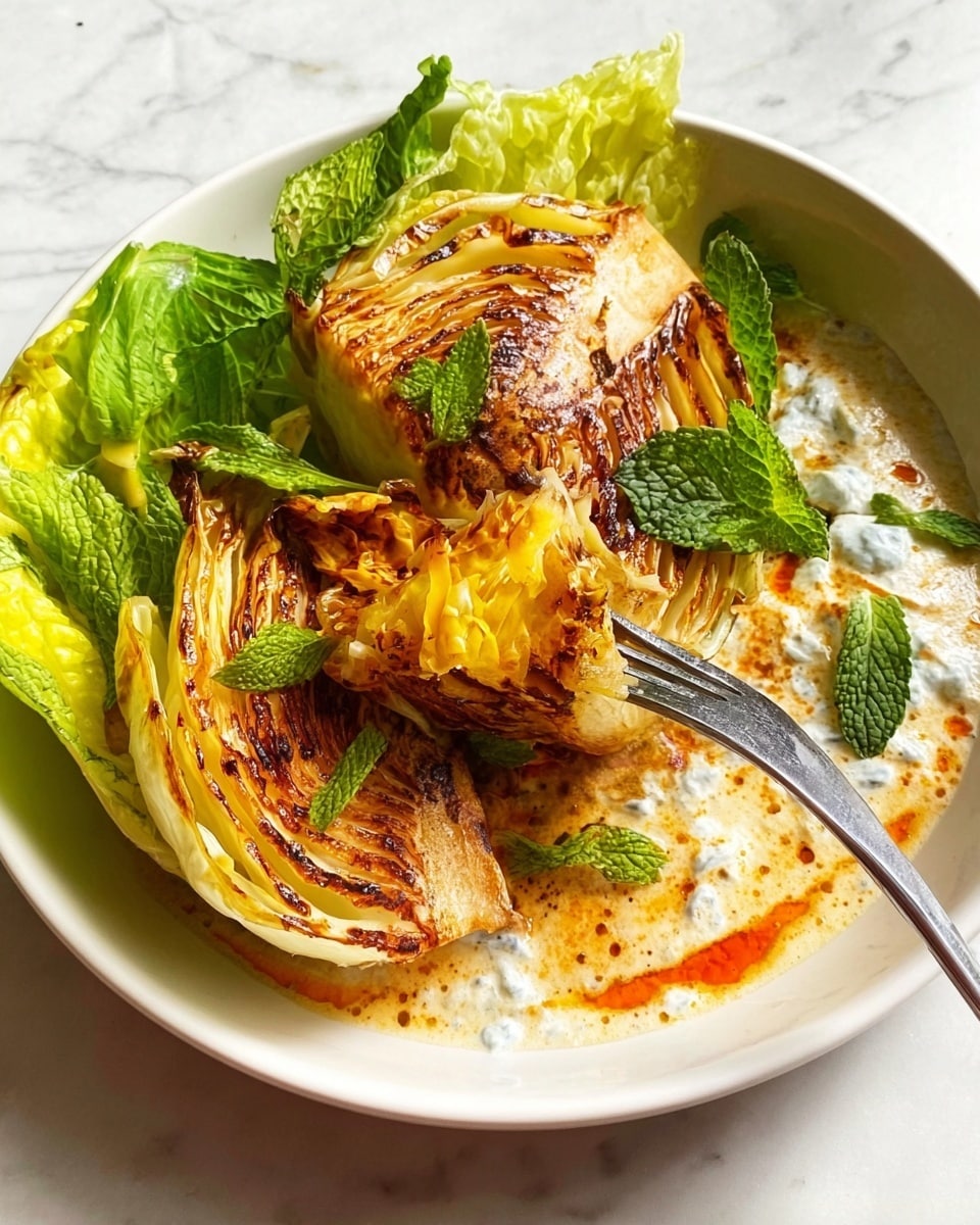 The image shows a white round plate holding two large wedges of roasted cabbage with golden brown, charred edges and textured layers of softly cooked leaves. The cabbage rests on a bed of creamy sauce layered at the bottom, light beige with reddish oil streaks around the edges. Bright green lettuce leaves and fresh mint leaves surround the cabbage wedges, adding a vibrant contrast. A silver fork is piercing one cabbage wedge, angled from the side, slightly lifting a piece to reveal the soft inner layers. The background features a white marbled texture. Photo taken with an iphone --ar 4:5 --v 7