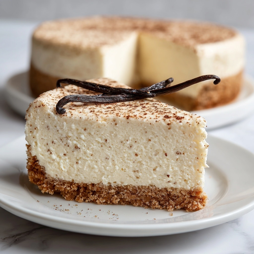 A thick slice of cheesecake on a white plate with three visible layers: the bottom layer is a crumbly, light brown crust, the middle layer is a smooth, creamy light brown filling, and the top layer is a thick, pale cream cheesecake with a fine dusting of brown specks and a single dark vanilla bean placed on top. The edges of the cheesecake are slightly rough with crumbs, and part of the larger cheesecake is seen blurred in the background on a similar white plate, all set on a white marbled texture. Photo taken with an iphone --ar 4:5 --v 7