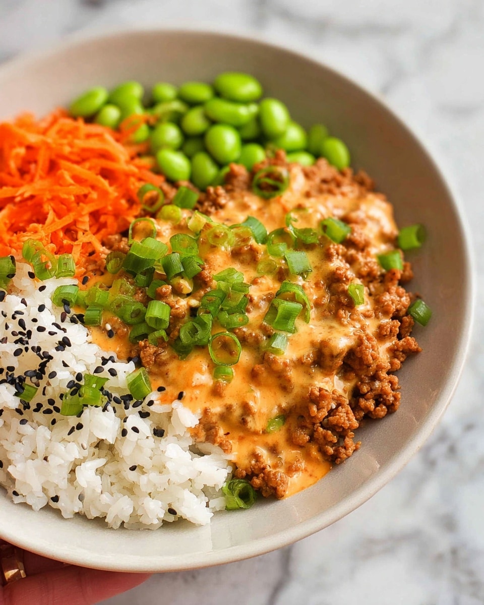 A white bowl holds a dish with four layers placed side by side: at the bottom left, fluffy white rice with black sesame seeds sprinkled on top; next to it on the right, ground meat covered with a thick orange sauce and garnished with chopped green onions; at the bottom left edge, bright green shelled edamame beans; and in the back left a small portion of finely shredded orange carrots. The bowl sits on a white marbled surface, and a woman's hand is visible at the top right corner holding it. Photo taken with an iphone --ar 4:5 --v 7