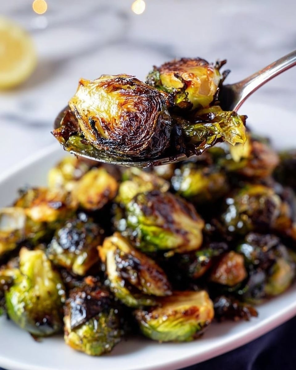 A white bowl is full of roasted Brussels sprouts with a mix of bright green, golden brown, and dark charred black colors showing on each cut piece. The Brussels sprouts are halved and slightly crispy on the edges with some leaves curling and browned. Small red chili flakes are scattered over the Brussels sprouts, adding specks of red over the green and black. A shiny metal spoon with a bronze handle rests inside the bowl on the right side. The bowl is placed on a white marbled surface with a small white dish of crushed red pepper flakes partially visible in the top left corner and a white cloth napkin at the right edge. photo taken with an iphone --ar 4:5 --v 7