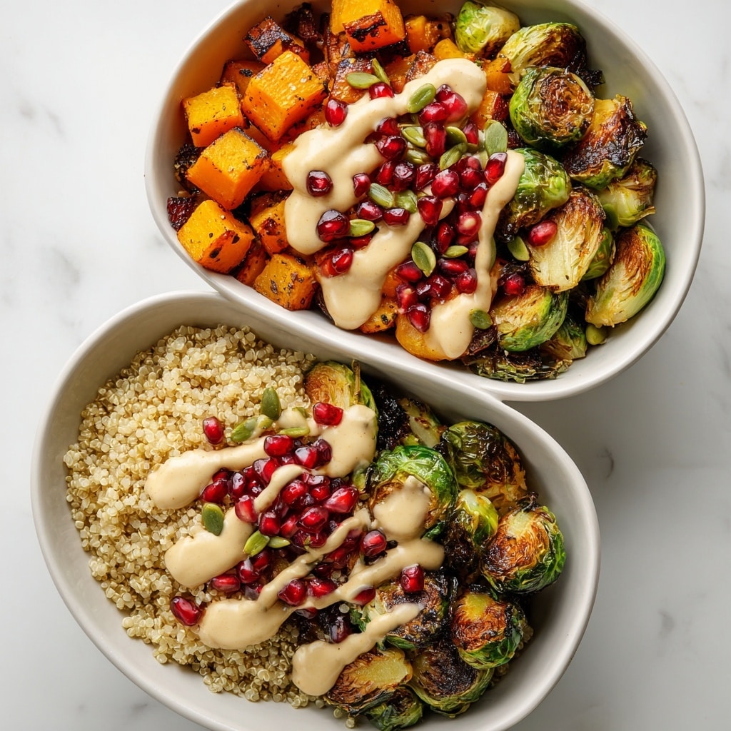 A white bowl filled with three main sections on a white marbled surface: the top left side has roasted orange butternut squash cubes with some charred edges; the bottom left corner holds fluffy pale quinoa grains; the right side contains charred green Brussels sprouts, some halved showing a light caramel color inside. Over the quinoa and some of the vegetables, there is a creamy beige dressing drizzled in thin stripes. Scattered on top of the dressing are bright red, glossy pomegranate seeds and a few green pumpkin seeds, adding color contrast and texture. photo taken with an iphone --ar 4:5 --v 7