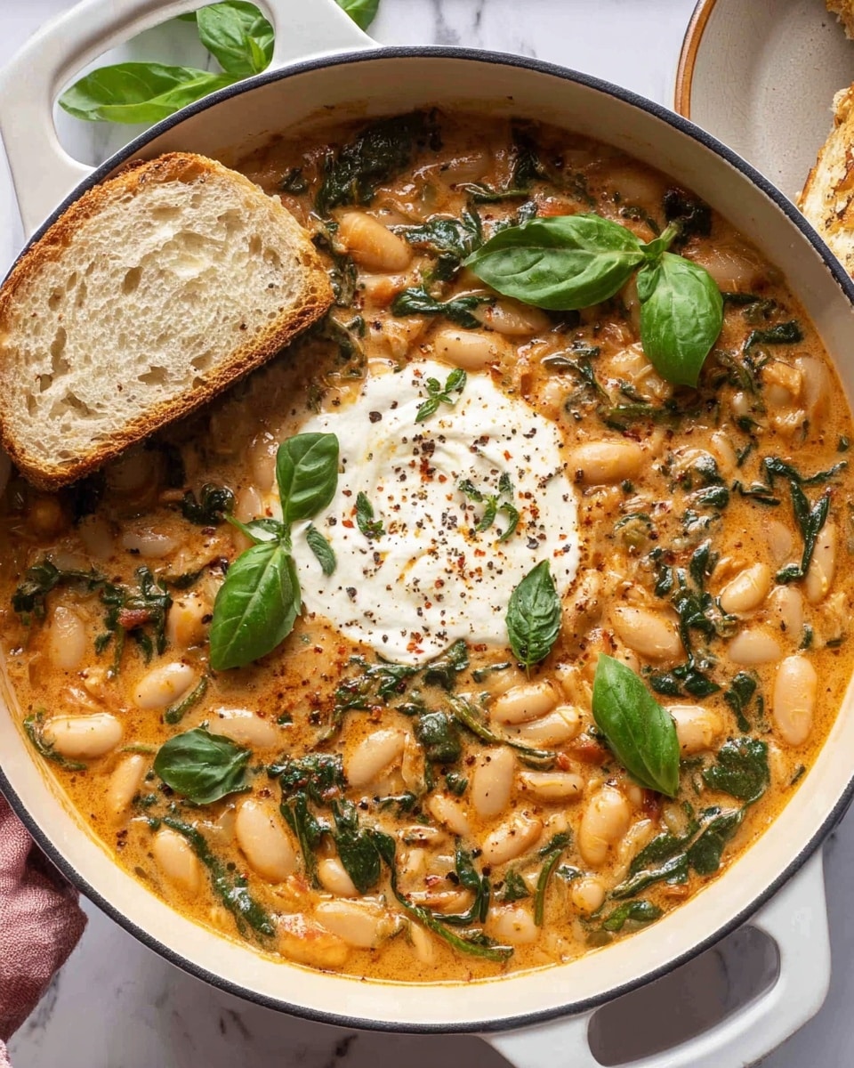 A white bowl filled with a thick soup containing white beans submerged in a creamy orange broth mixed with green spinach leaves scattered throughout. The soup is topped with a small dollop of white cream sprinkled with black pepper and fresh green basil leaves arranged on the surface. On the right side, two pieces of lightly toasted brown bread rest inside the bowl's edge. The bowl sits on a white marbled surface with a textured cloth partially visible behind it and a yellow glass with orange liquid blurred in the background. Photo taken with an iphone --ar 4:5 --v 7