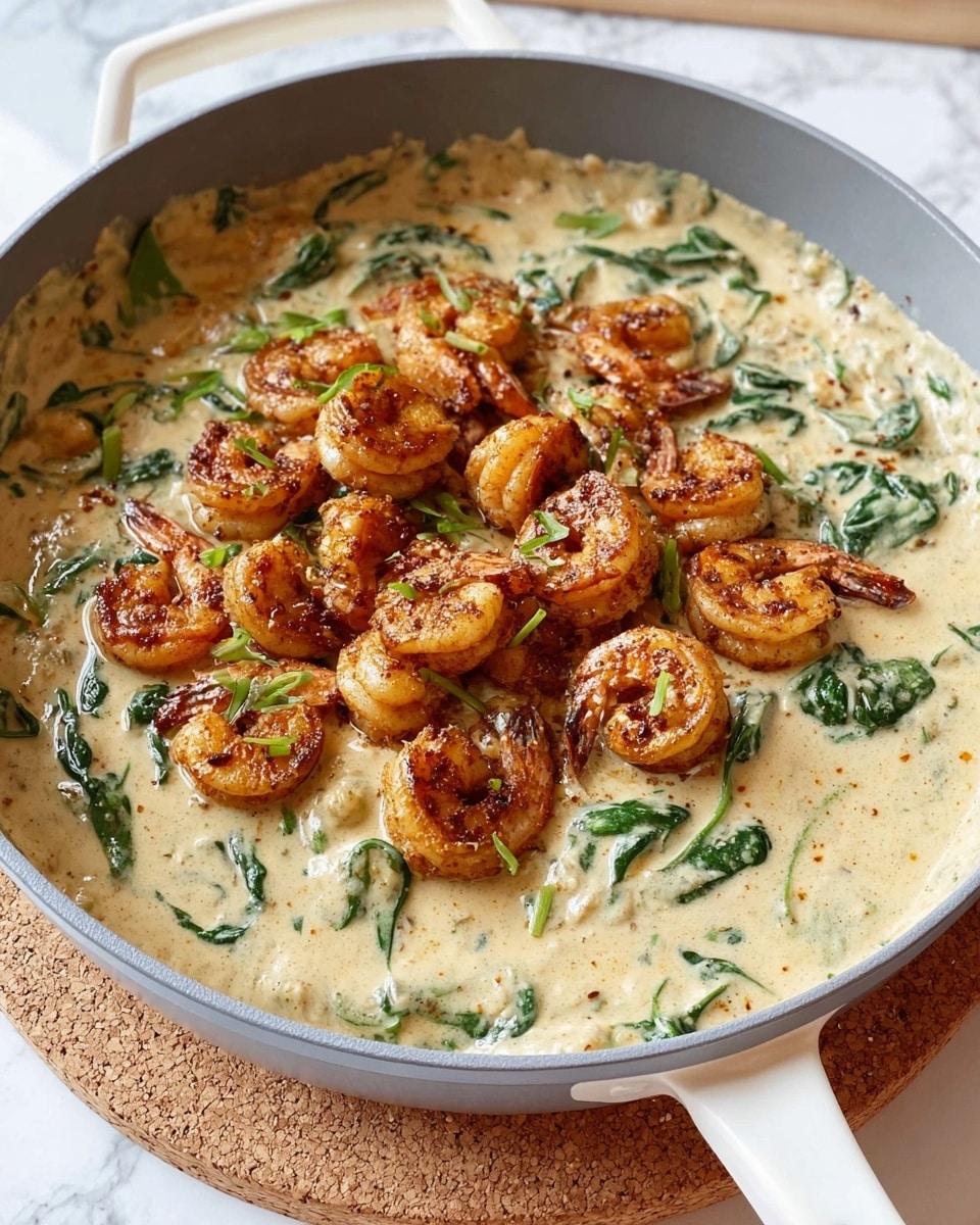 The dish is a creamy shrimp sauce cooked in a white pan with a light beige rich sauce that has a smooth and slightly chunky texture, showing soft spinach leaves and small diced onions mixed in. The shrimp are large and pink with a slightly charred, golden-brown surface, scattered evenly throughout the creamy layer. The spinach adds pops of dark green color, creating a contrast with the creamy orange-beige sauce. The pan is placed on a white marbled surface, and part of a white spoon is visible at the bottom right corner. Photo taken with an iphone --ar 4:5 --v 7