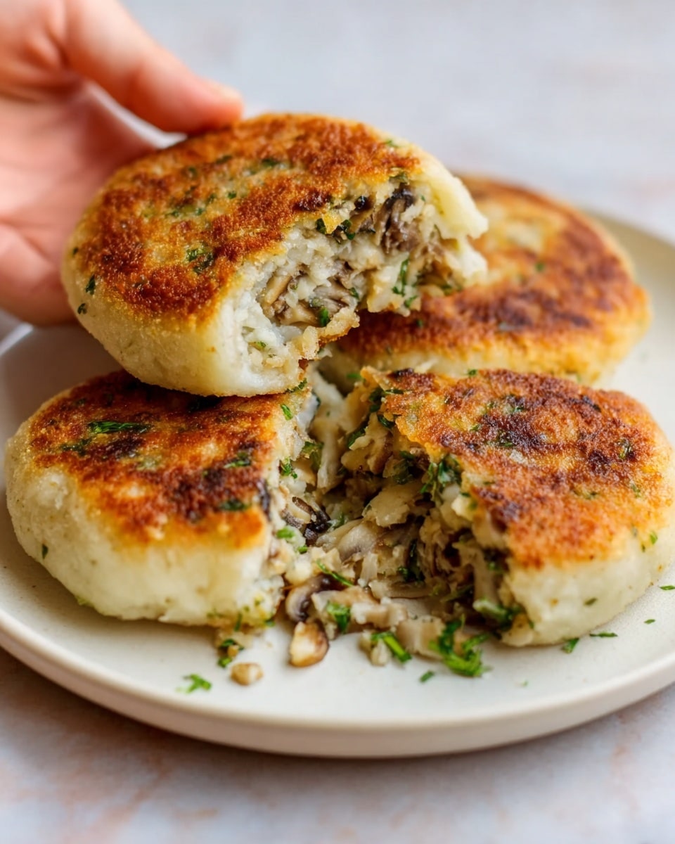 The image shows a white plate on a white marbled surface holding three stuffed potato patties. The patties have a golden-brown crispy outer layer with a slightly uneven texture. One patty is cut open and resting on the plate, revealing two inside layers: the outer layer is light cream and soft, while the filling is a mix of small chopped green herbs and pale pieces of cooked vegetables or mushrooms, showing a moist and chunky texture. A woman's hand is holding the top cut patty. photo taken with an iphone --ar 4:5 --v 7
