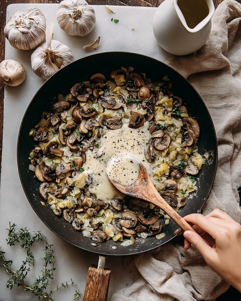 The image shows a close-up of creamy pasta served on a white plate. The dish has two main layers: the bottom layer consists of light golden, tubular pasta coated in a rich cream sauce, and the top layer features sautéed dark brown mushroom slices scattered evenly across the pasta. Small bright green herb leaves are sprinkled for garnish, along with a light dusting of finely grated white cheese. The plate is placed on a white marbled surface, adding a clean and elegant look to the presentation. Photo taken with an iphone --ar 4:5 --v 7