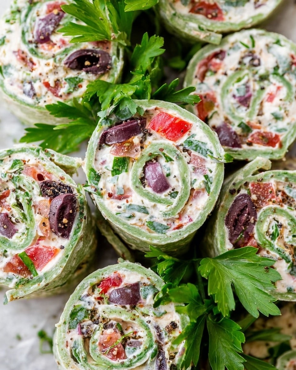 A close-up of a spinach green tortilla with three main layers: the base is a soft green spinach tortilla, the middle layer is a creamy white spread evenly covering the surface, and the top layer is a colorful mix of finely chopped vegetables including red tomatoes, dark black olives, white onions, and green herbs spread on one half. A woman's hand with a silver ring on the middle finger is folding the tortilla from the bottom right corner over the toppings. The background is a smooth white marbled surface. photo taken with an iphone --ar 4:5 --v 7