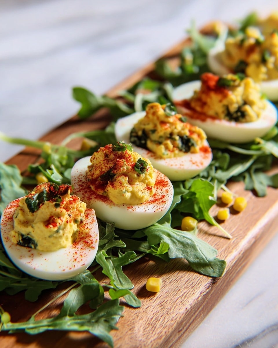 The image shows six deviled eggs arranged neatly on a long white plate placed on a white marbled surface. Each egg half has three visible layers: the smooth, glossy white egg white base, a creamy yellow filling with small bits of green herbs mixed in, and a top layer of crispy, brown bacon bits giving a crunchy texture. Small green coriander leaves are placed on top of some eggs for garnish, adding a fresh bright green color. Additional coriander sprigs are placed on the plate around the eggs. The lighting is soft and natural, making the textures and colors of the eggs and garnishes clear. Photo taken with an iphone --ar 4:5 --v 7