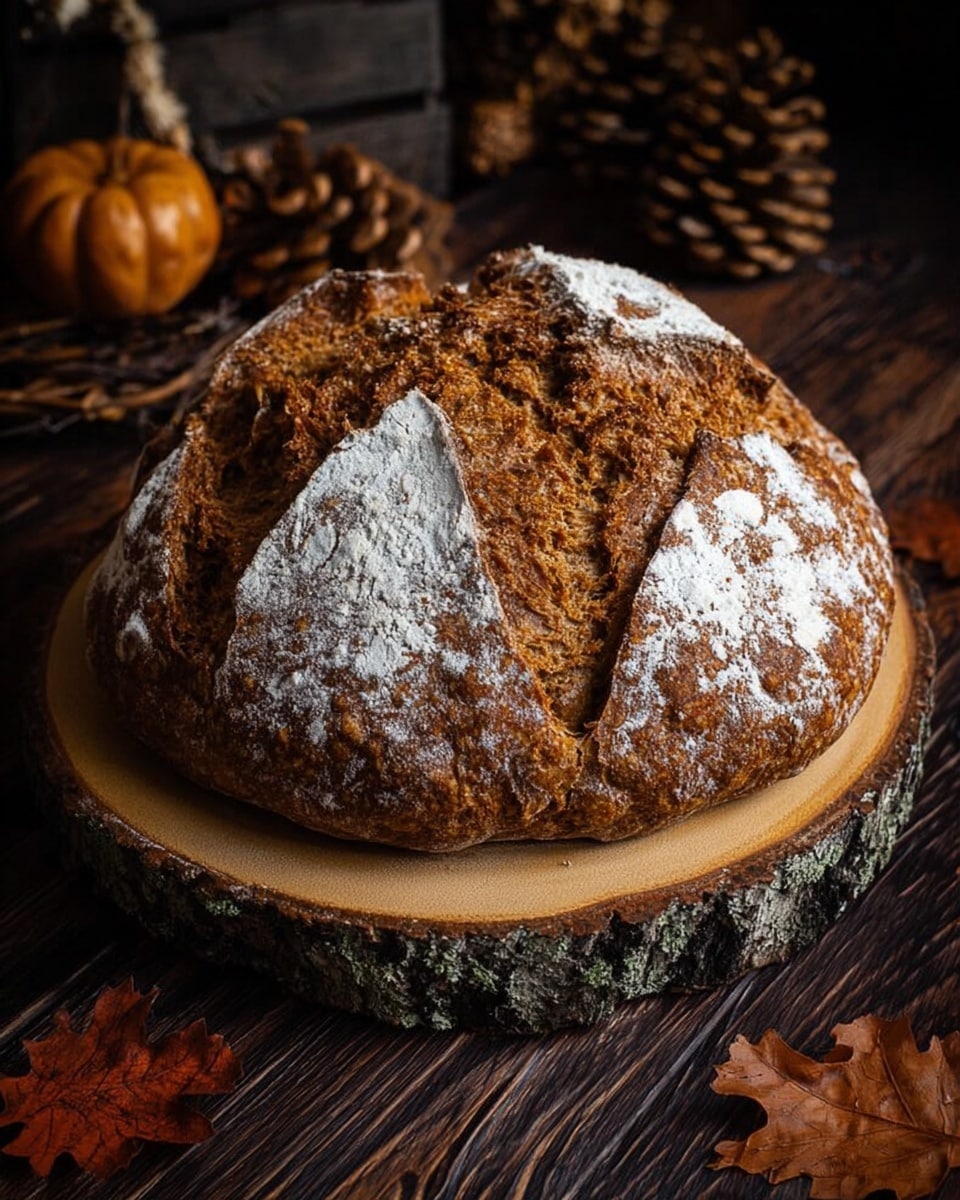 A rustic round loaf of dark brown bread with a slightly cracked crust sits on a round wooden board with bark edges. One thick slice is cut and laid flat in front of the loaf and is spread unevenly with creamy white butter, contrasting with the rough texture of the bread. The background includes dark brown pinecones, autumn leaves, and a black candle holder with a melting beige candle, all placed on a dark wooden surface. The scene has warm lighting that highlights the bread’s texture and butter’s softness. Photo taken with an iphone --ar 4:5 --v 7