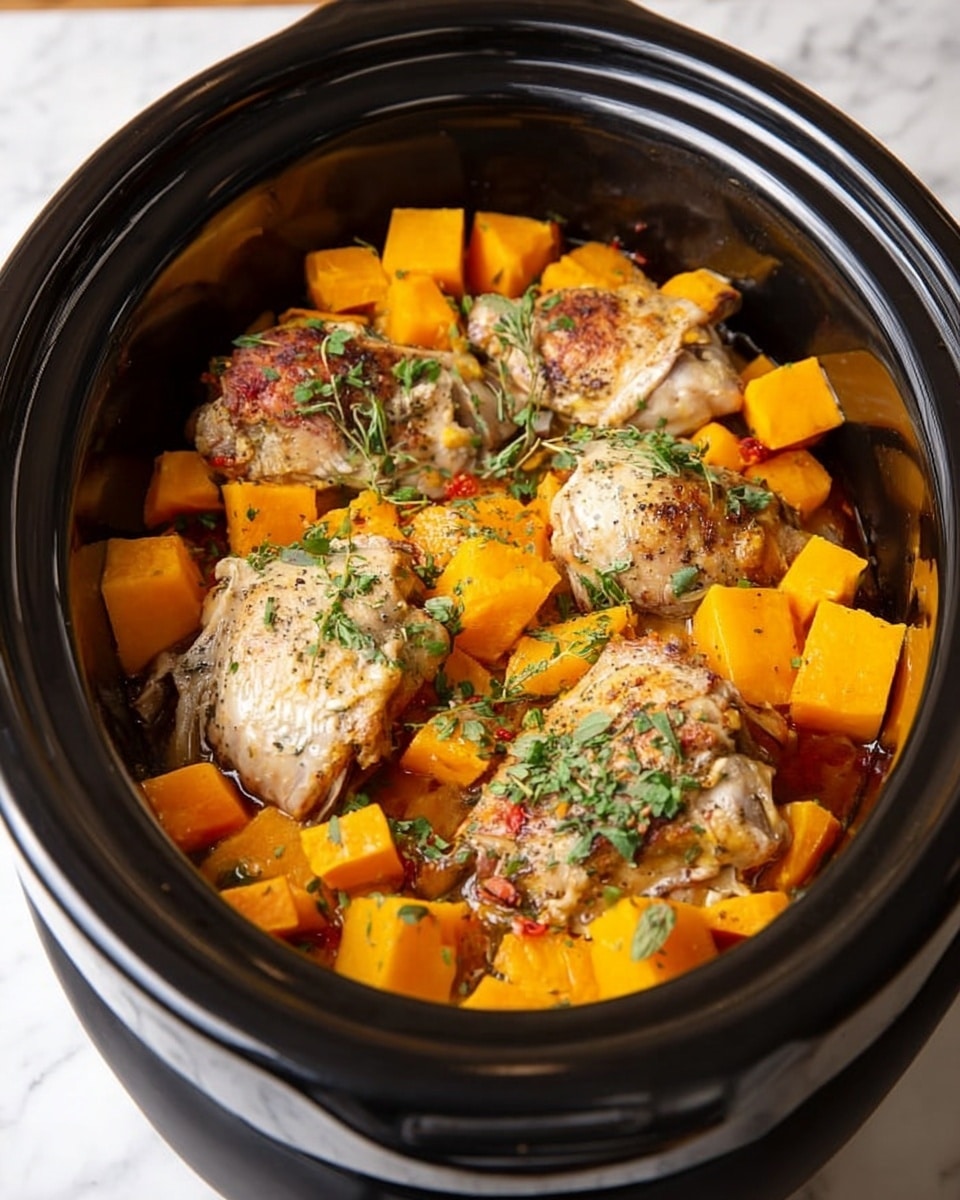 A white shallow bowl holds a serving of roasted chicken thigh topped with black pepper and fresh green herbs, mostly thyme sprigs. Surrounding the chicken are bright orange roasted butternut squash cubes and golden-brown roasted Brussels sprout halves with slightly charred edges. A woman's hand holds a silver fork lifting a piece of tender white chicken meat and a cube of butternut squash. The bowl rests on a white marbled surface with a light-colored striped cloth nearby. photo taken with an iphone --ar 4:5 --v 7