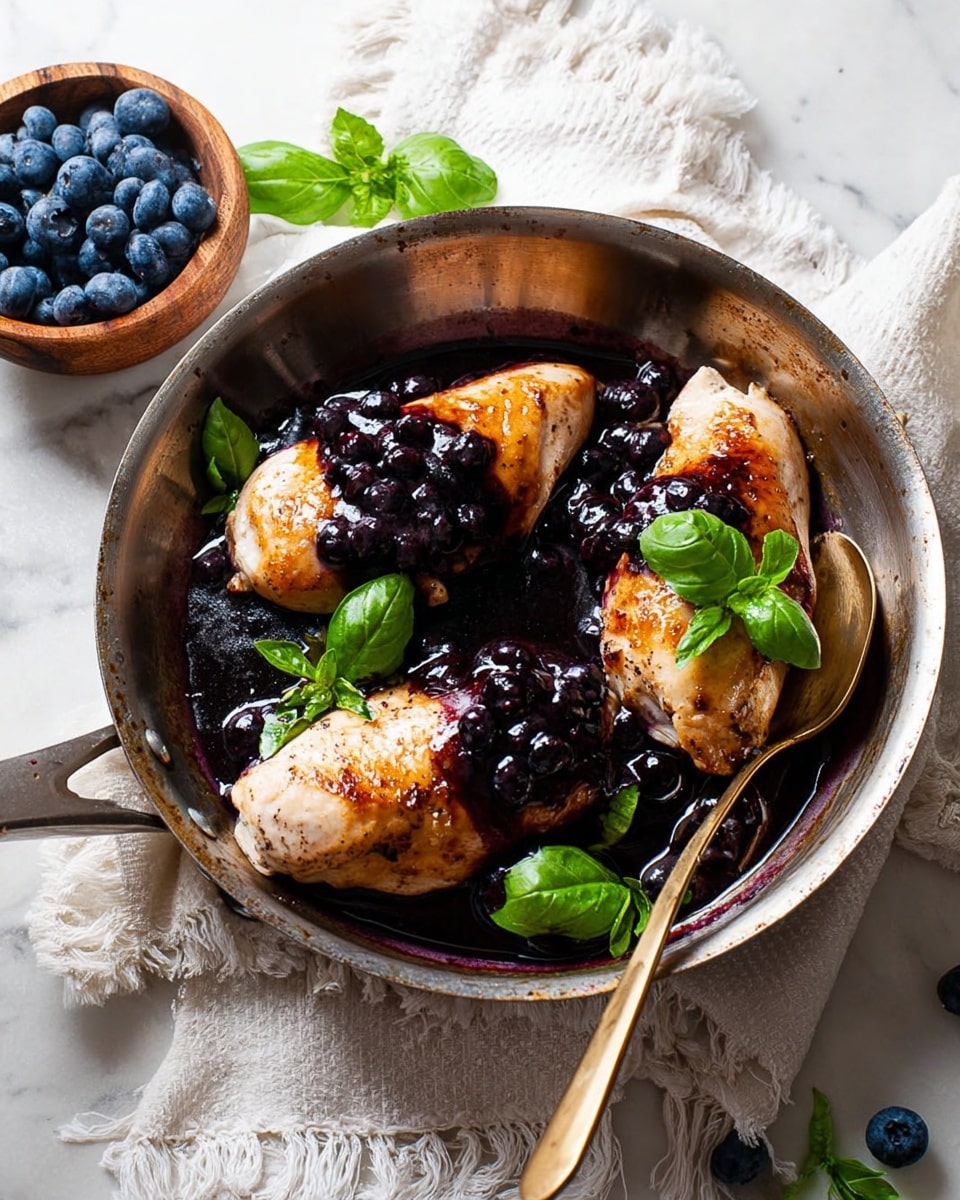A round silver pan holds three cooked chicken breasts arranged close together. The chicken is light golden brown with a sauce of dark purple blueberries and thick syrup drizzled over the top, pooling slightly in the pan. Fresh green basil leaves are placed on the chicken and around the pan. A gold spoon rests inside the pan, its handle leaning on the edge. A white textured cloth with frayed edges lies partly under the pan. To the left, a small wooden bowl filled with fresh blueberries sits on a white marbled surface. photo taken with an iphone --ar 4:5 --v 7