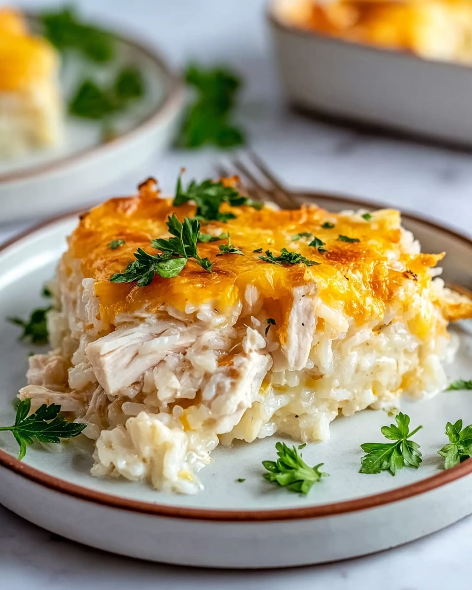 A close-up of a slice of baked cheesy rice casserole on a white plate with a thin brown rim, placed on a white marbled surface. The dish has three clear layers: the bottom layer is white rice mixed with a creamy sauce, the middle layer shows tender pieces of white chicken, and the top layer is melted golden-yellow cheese with hints of browning from baking. Small bright green parsley leaves are sprinkled on top and around the plate for color. The background is softly blurred with a hint of another plate. Photo taken with an iphone --ar 4:5 --v 7