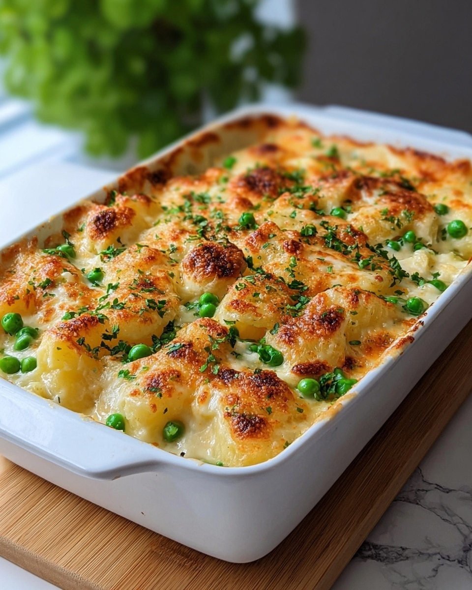 A close-up view of a creamy baked dish in a white rectangular ceramic dish with rounded handles, featuring a golden-brown, slightly crispy top layer with scattered green peas and finely chopped herbs. The dish shows multiple layers, starting with a base of soft, chunky yellow potato pieces, followed by a smooth, creamy white sauce, then a finely browned cheese and breadcrumb topping with herbs and green peas spread evenly across. The white marbled surface underneath the dish adds a clean and bright look, with a blurred green plant in the background adding a pop of color. photo taken with an iphone --ar 4:5 --v 7