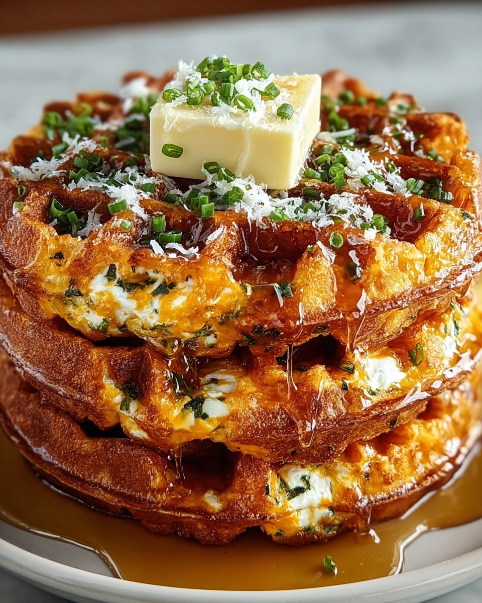 A stack of three golden-brown waffles sits on a white plate, each waffle textured with crispy edges and filled with melted orange cheese and green herbs visible between the layers. The top waffle is decorated with a square piece of butter that is melting slightly, sprinkled with finely chopped green onions and white grated cheese. Rich amber syrup drips down the sides, catching the light and adding a glossy finish. The plate rests on a white marbled surface. photo taken with an iphone --ar 4:5 --v 7