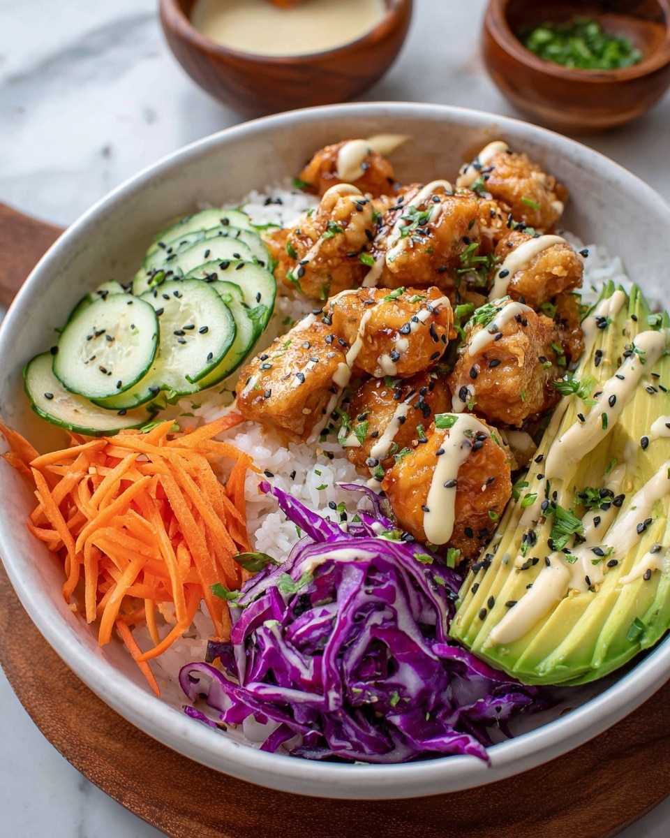 The dish is shown in a white bowl filled with layers starting from the bottom with white rice, topped with purple shredded cabbage on one side, bright orange shredded carrots on the other, and sliced green cucumbers placed in a row near the top edge. In the center, there are golden-brown chunks of glazed grilled chicken sprinkled with both black and white sesame seeds and small green herb pieces. On the left side, there is a fan of sliced avocado with a smooth texture. A creamy light orange sauce is drizzled over the chicken, avocado, carrots, and cabbage. The bowl is placed on a wooden surface with a white marbled texture, with another similar bowl and a small wooden plate of cucumber slices nearby, and a grey cloth visible on the side. photo taken with an iphone --ar 4:5 --v 7