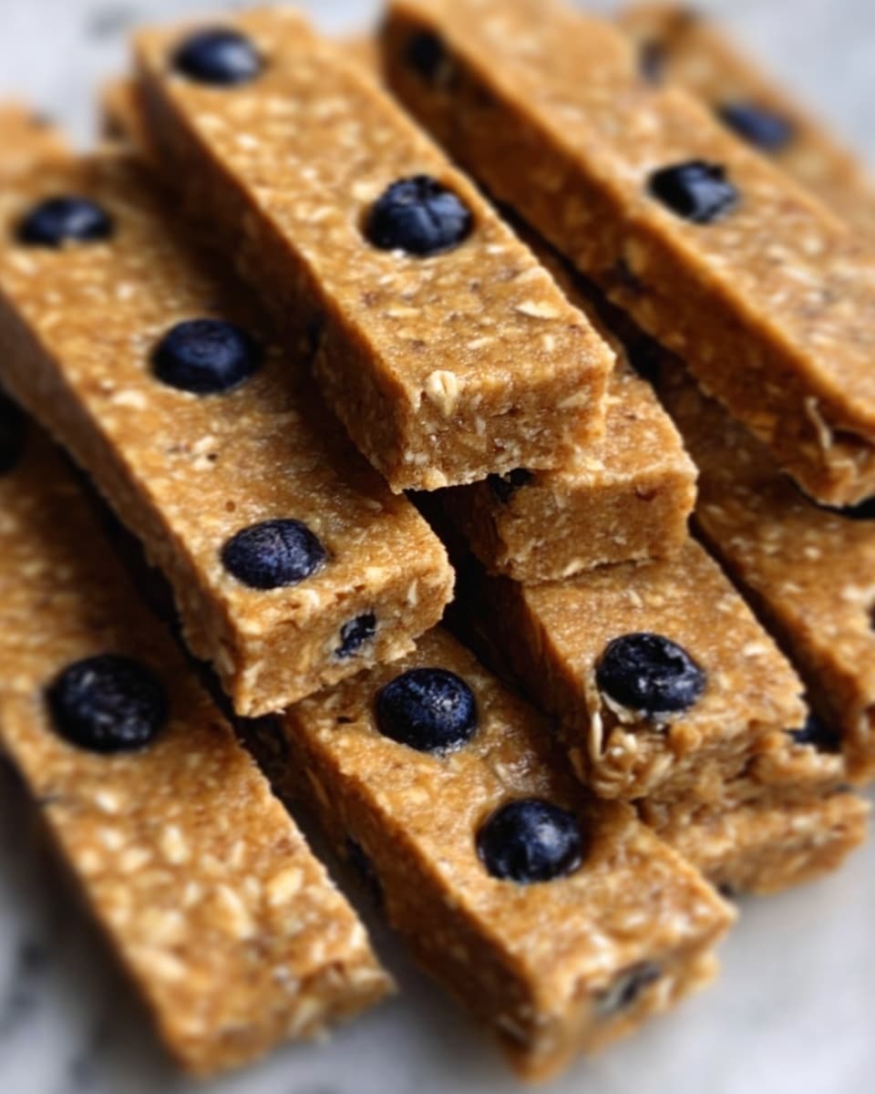 The image shows several light brown rectangular bars stacked neatly in the center, with a smooth and slightly rough texture, some bars revealing small dark purple blueberry pieces inside. Scattered around the bars are fresh, whole blueberries with a deep blue color and smooth skin. The bars and blueberries rest on a white marbled surface, creating a clean and bright background. photo taken with an iphone --ar 4:5 --v 7